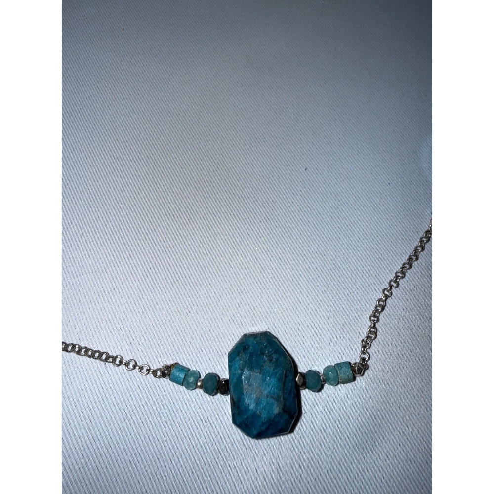 Karamel Blue Stone Station Necklace Silver Tone Long Beaded Boho Heart Charm‎